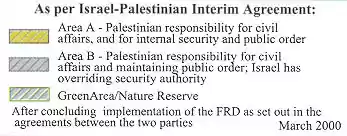Israel (Map legend - Judea and Samaria showing Palestinian Authority Areas A & B March 2000)